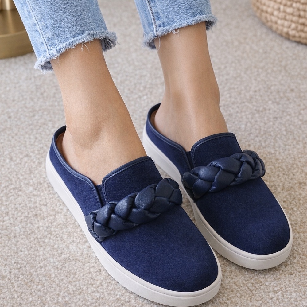 Revitalign Women’s Orthotic Suede Braided Mules Barbados Hanna Navy 11 NEW